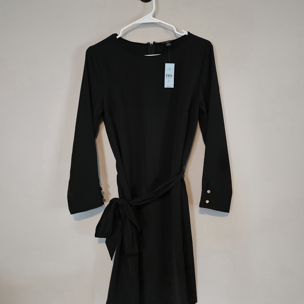 Ann Taylor Factory Black Long Sleeve Tie-Waist Dress